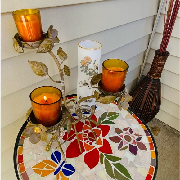 PartyLite Vintage 3+1 Candle Holder Centerpiece-Metal Leaves&Flowers, Beads&Gems - Picture 13 of 17